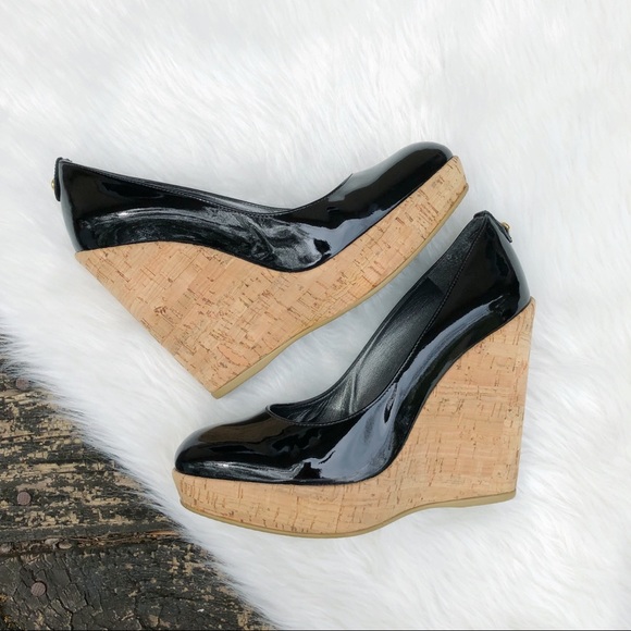 Stuart Weitzman Shoes - Stuart Weitzman Black Patent Corkswoon Wedges